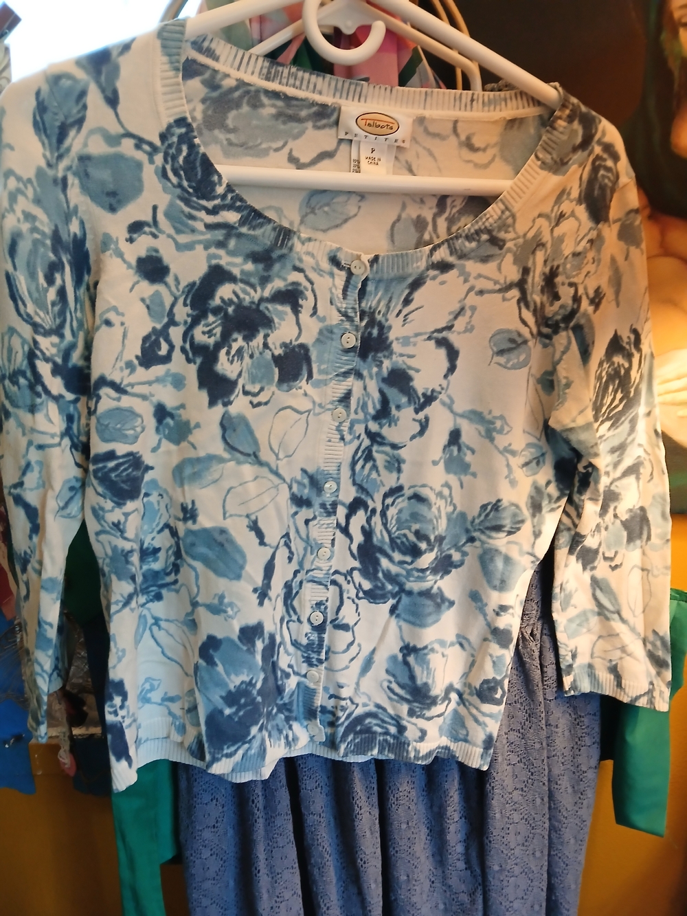 Talbots White and Blue Floral Button-Down Cardigan